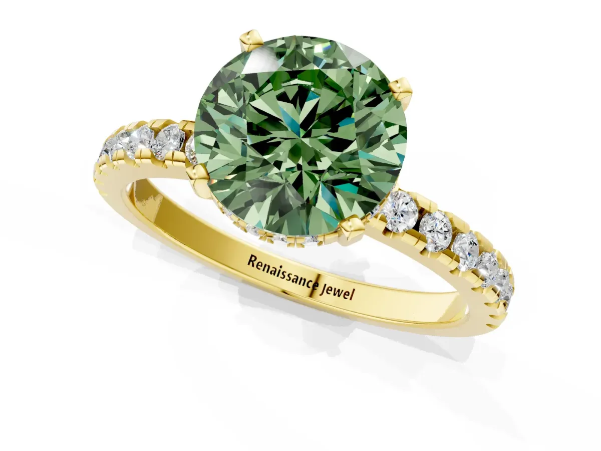 Fancy Green Round Cut Diamond Solitaire Ring with Round Pavé Band and Four-Prong Setting Yellow gold