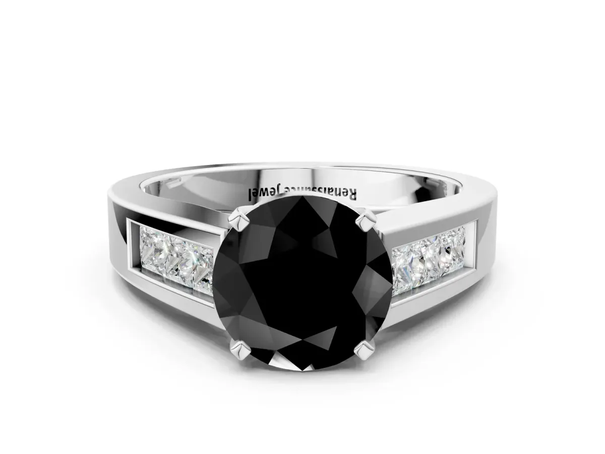 Fancy Black Round Cut Cut Channel Set Solitaire Ring with Four-Prong Setting Platinum