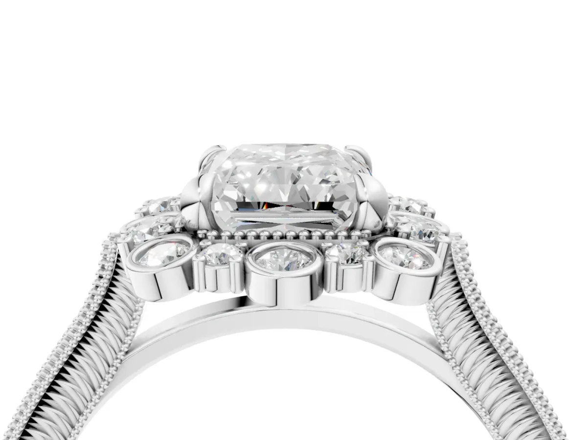 Radiant Cut Halo Milgrain Pave Diamond Ring with Four-Prong Setting Platinum