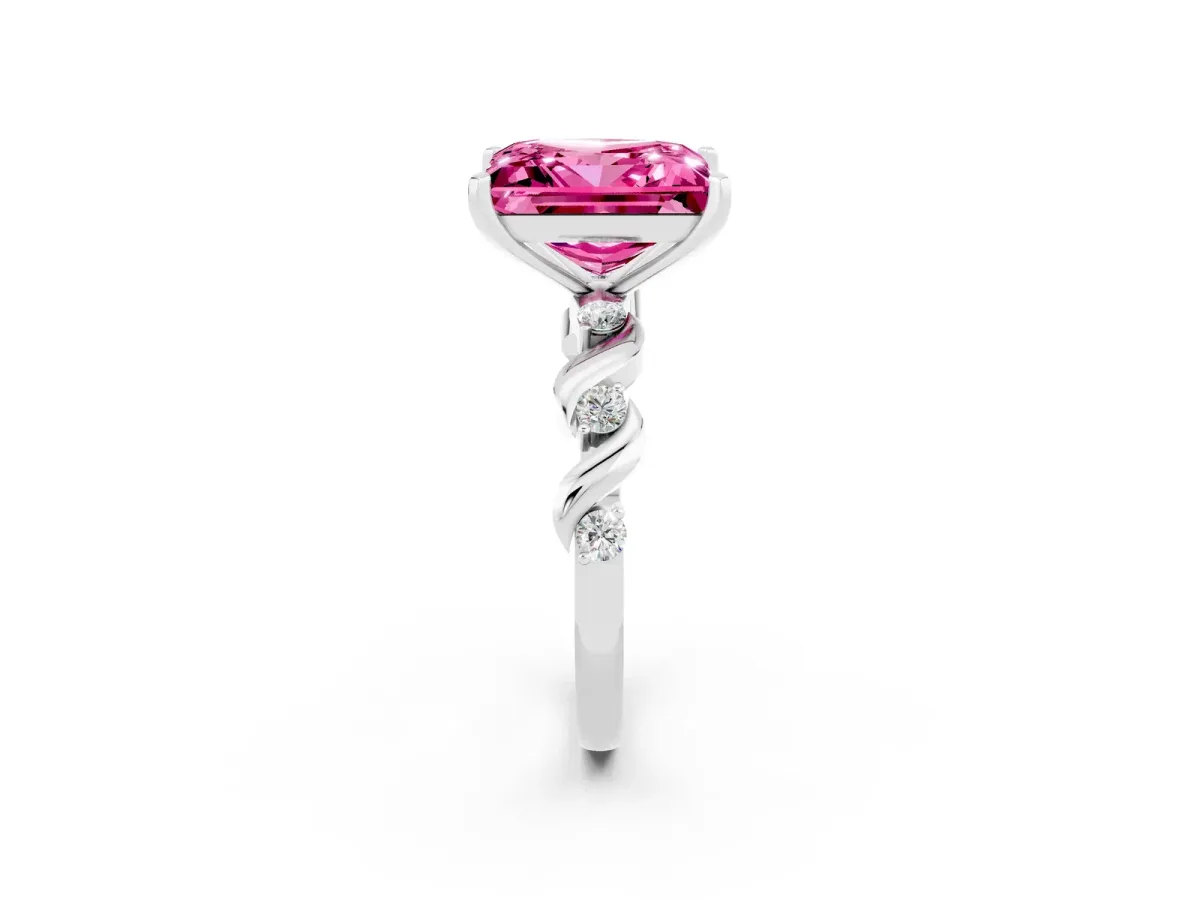 Princess Cut Pink Sapphire Solitaire Twisted Band with Round Accents and Prong Setting Platinum