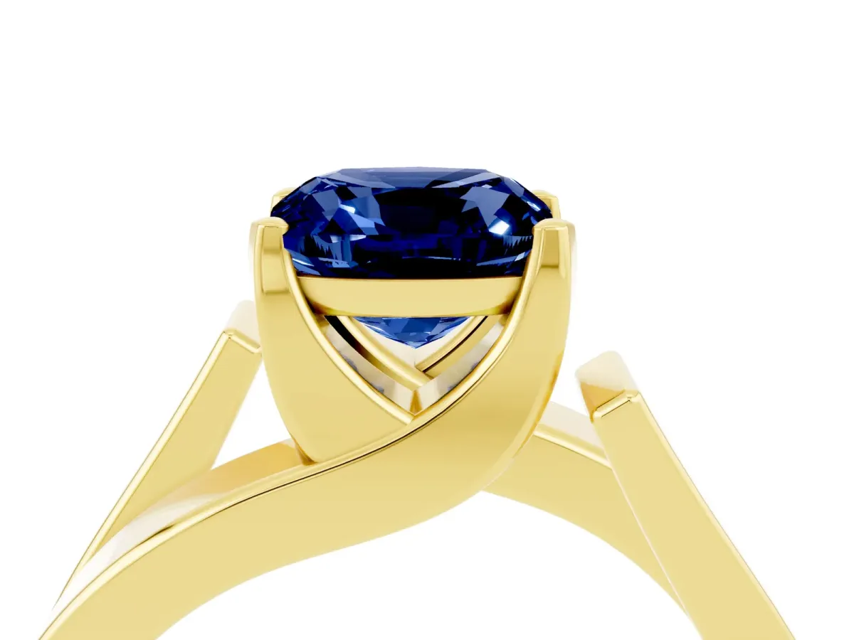 Modern Tension Set Cushion Cut Blue Sapphire Solitaire Wide Band Ring Yellow gold