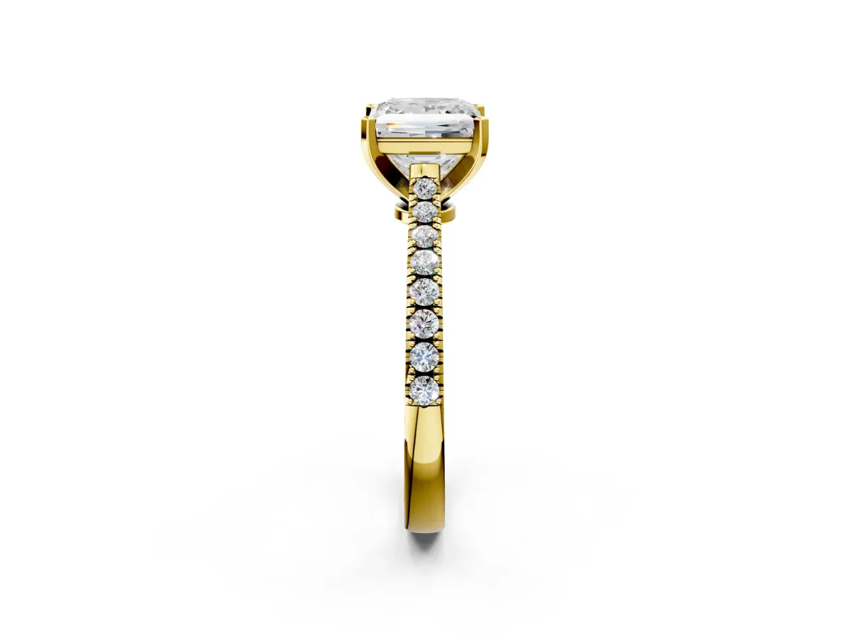 Princess Cut Cut Solitaire Diamond Engagement Ring with Pave Band and Four-Prong Setting Yellow gold