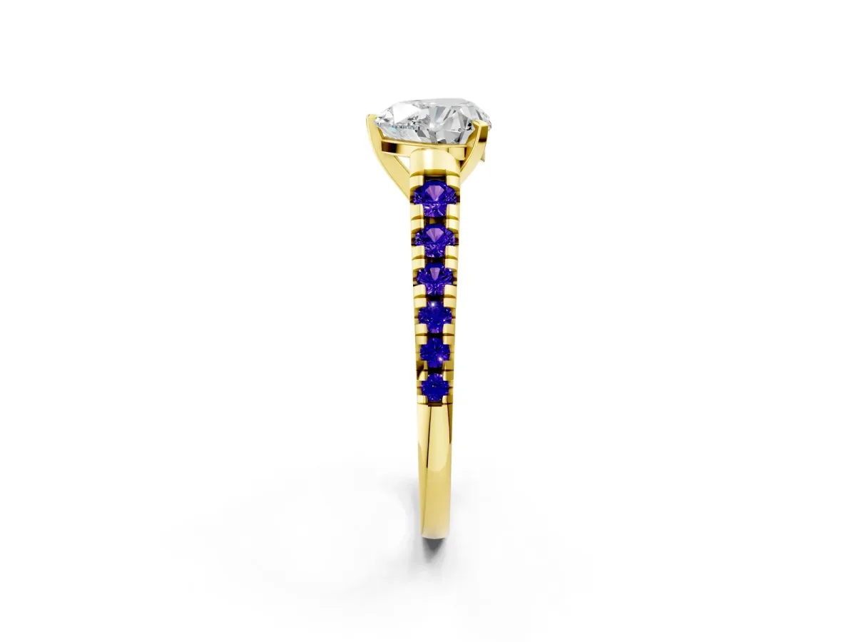 Heart Cut Diamond Cathedral Solitaire Ring with Round Tanzanite Pavé Band Yellow gold