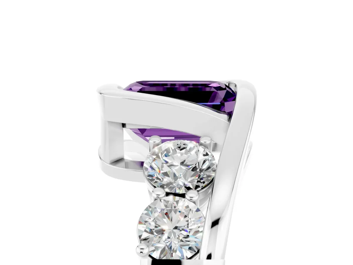 Bezel Set Emerald Cut Amethyst Bypass Ring with Round Accents Platinum