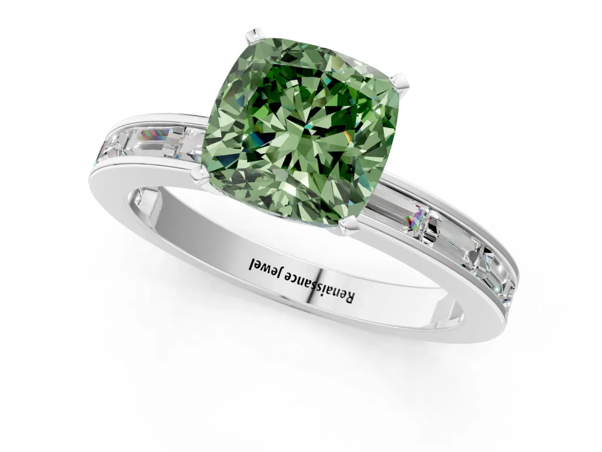 Fancy Green Cushion Cut Solitaire Diamond Ring with Channel-Set Baguette Band and Four-Prong Setting White gold
