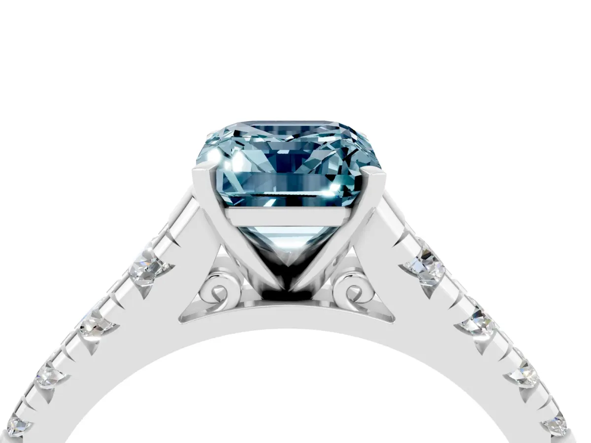 Emerald Cut Aquamarine Cathedral Solitaire Ring with Round Pavé Band Platinum