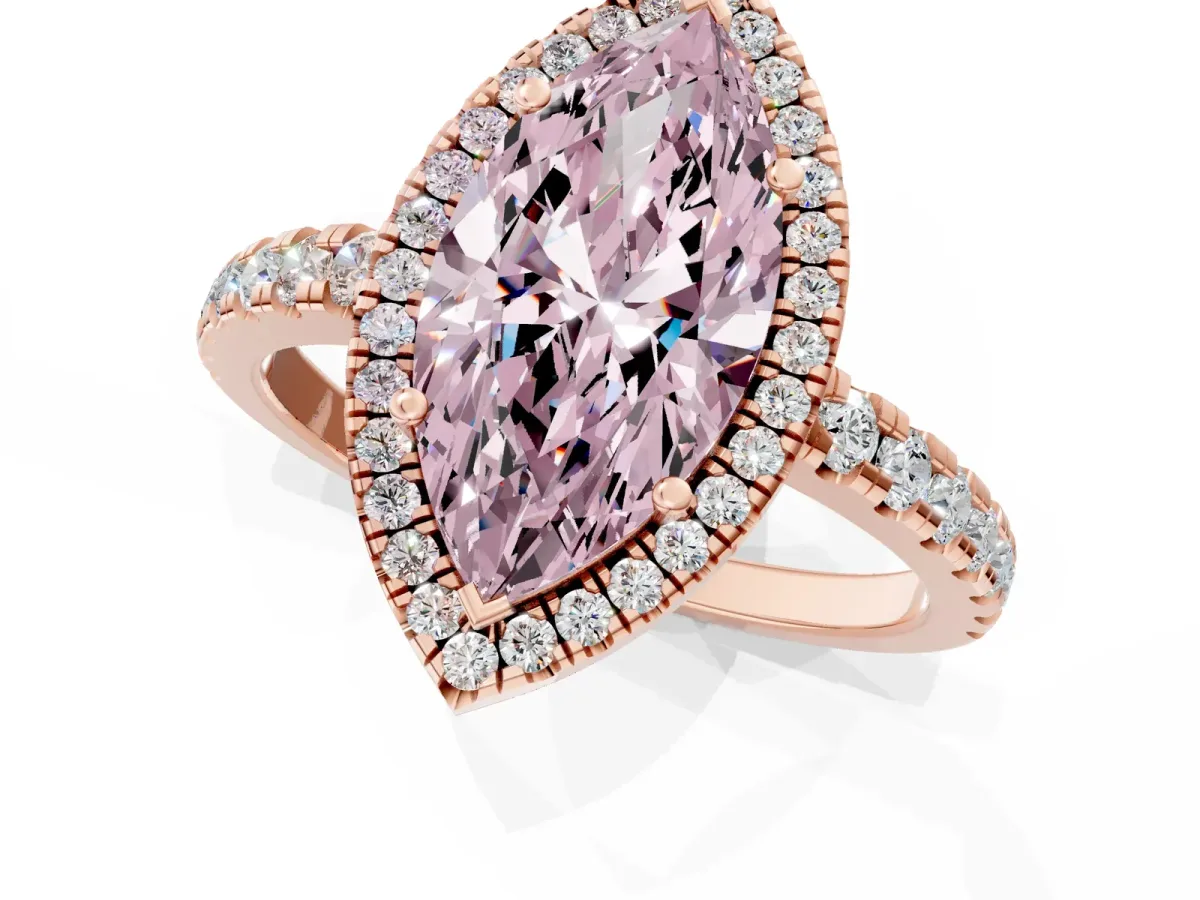 Fancy Pink Marquise Cut Diamond Halo Ring with Pavé Band and Four-Prong Setting Rose gold