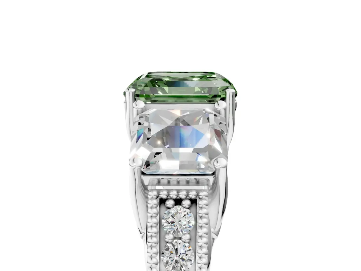 Fancy Green Three-Stone Asscher Cut Cut Milgrain Pavé Engagement Ring Platinum