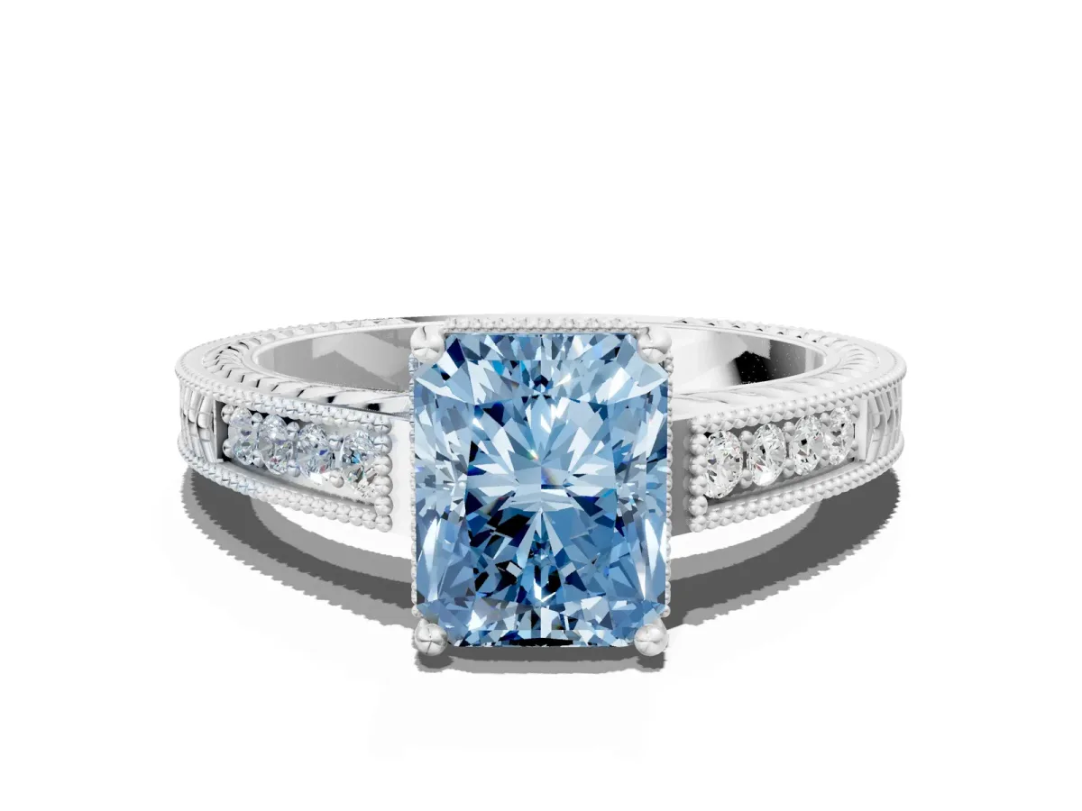 Fancy Blue Radiant Cut Cut Diamond Milgrain Pave Band Four-Prong Setting Ring Platinum