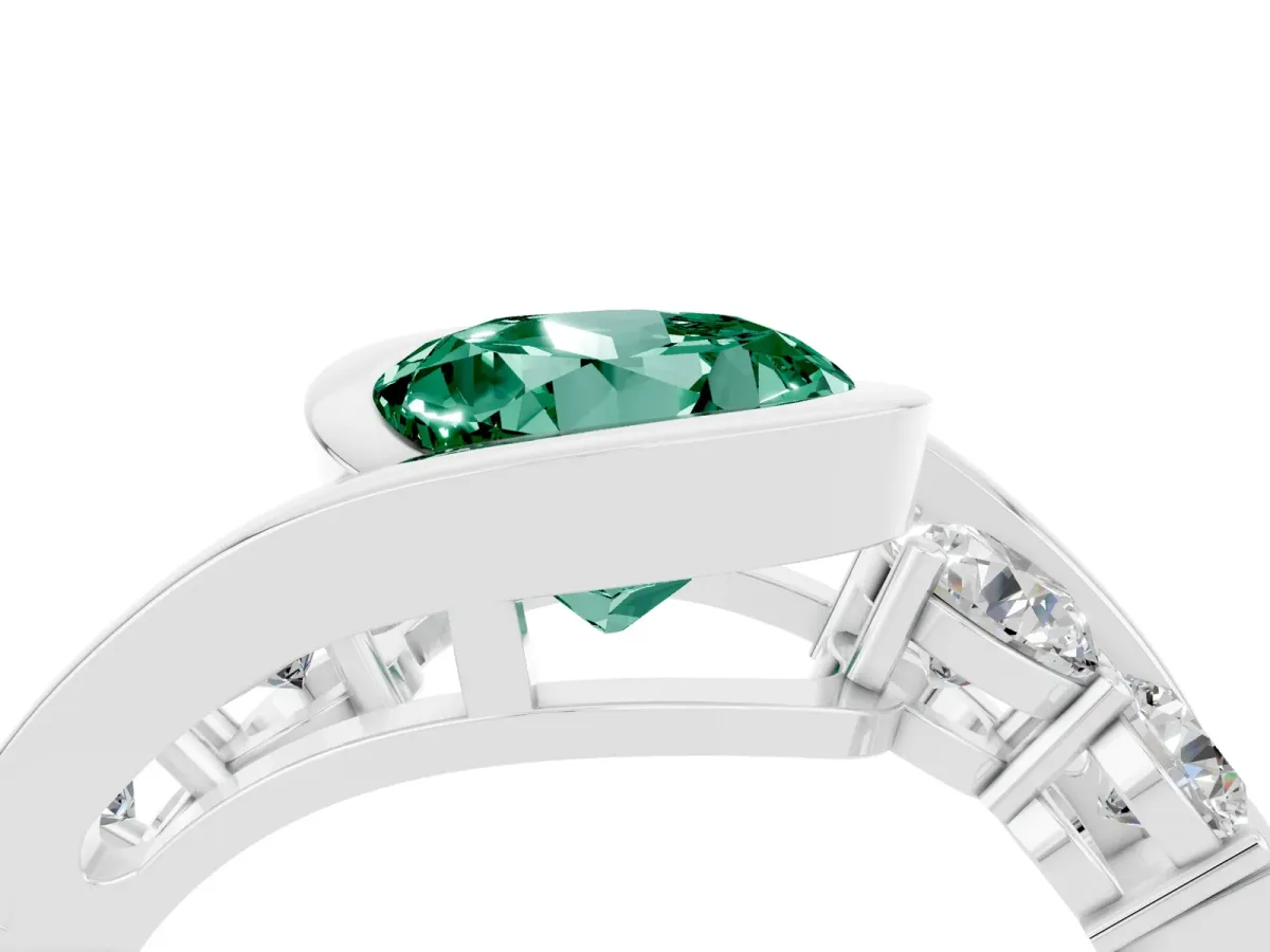 Bezel Set Round Cut Green Sapphire Bypass Ring with Round Accents Silver