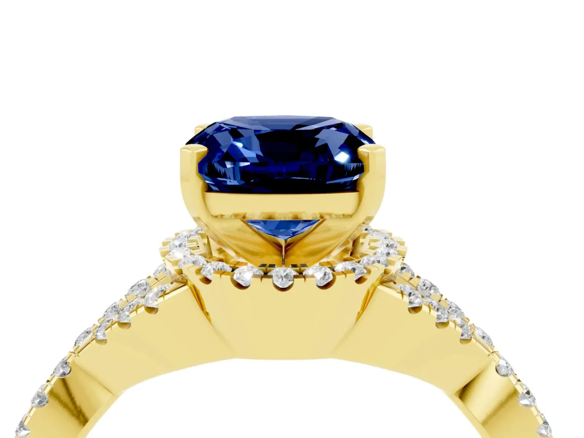 Cushion Cut Blue Sapphire Halo Twist Band Solitaire Prong Setting Ring Yellow gold