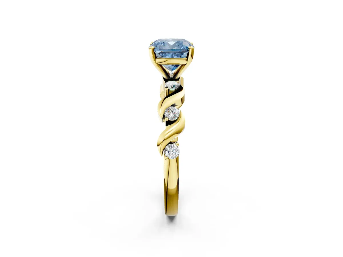 Fancy Blue Cushion Cut Diamond Solitaire Twisted Band with Round Accents and Prong Setting Yellow gold