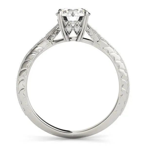 Round Cut Solitaire Diamond Ring with Milgrain Band and Four-Prong Setting Silver