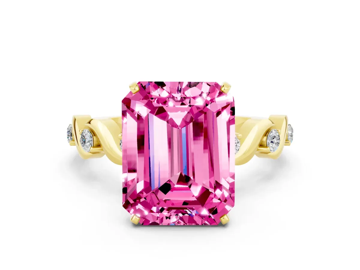 Emerald Cut Pink Sapphire Solitaire Twisted Band with Round Accents and Prong Setting Yellow gold