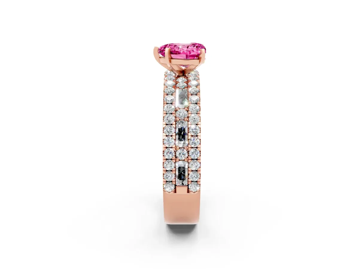 Heart Cut Pink Sapphire Solitaire Ring with Pavé and Channel Set Band Rose gold