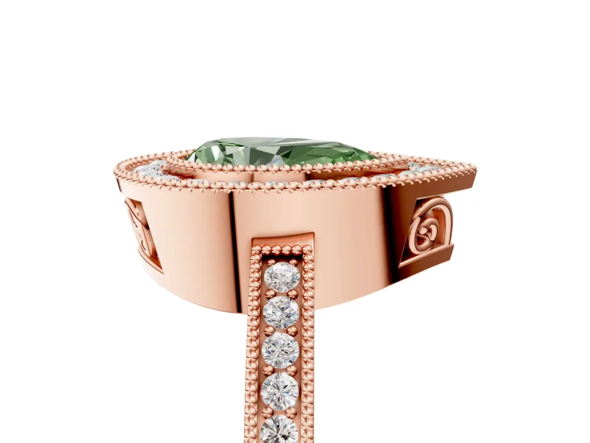 Fancy Green Pear Cut Cut Halo Diamond Ring with Pavé Band and Milgrain Prong Setting Rose gold