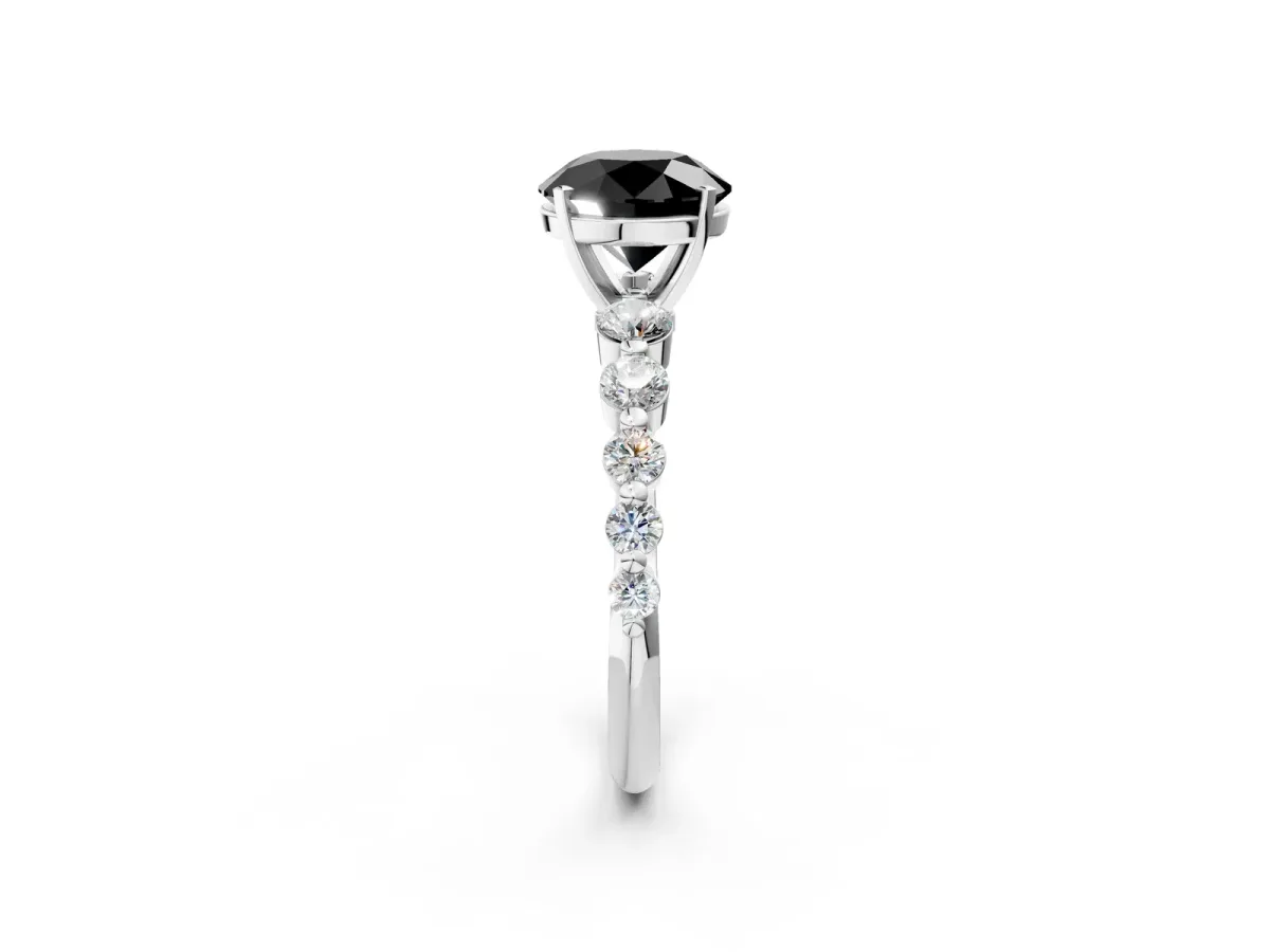 Fancy Black Round Cut Solitaire Diamond Ring with Pave Band and Four-Prong Setting Silver