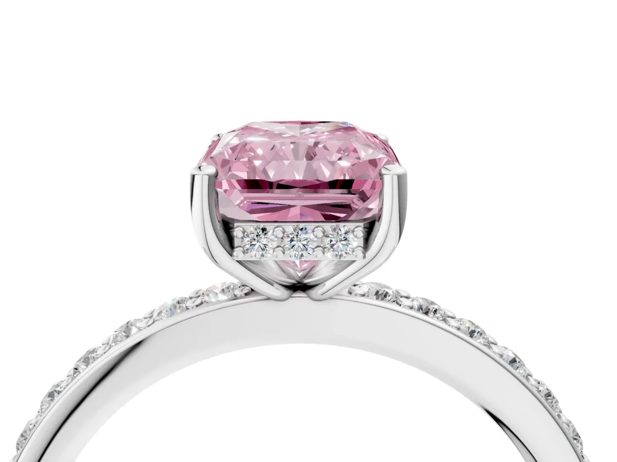 Fancy Pink Radiant Cut Cut Diamond Pavé Band Ring with Four-Prong Setting Platinum