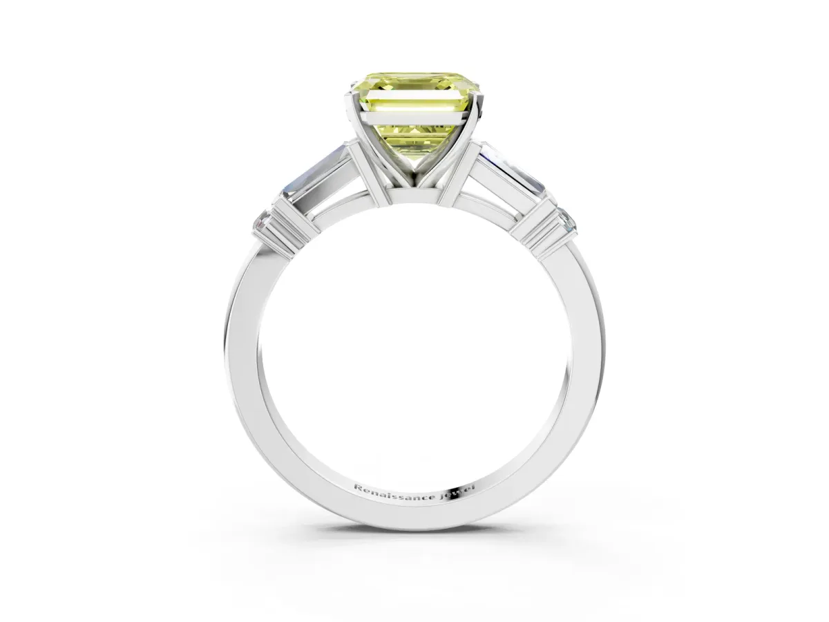 Fancy Yellow Asscher Cut Cut Diamond Ring with Baguette Side Stones, Channel Set Band, and Four-Prong Setting Platinum