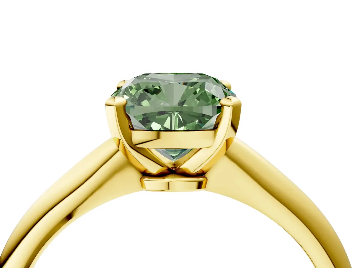 Fancy Green Cushion Cut Diamond Solitaire Engagement Ring with Classic Band and Four-Prong Setting Yellow gold
