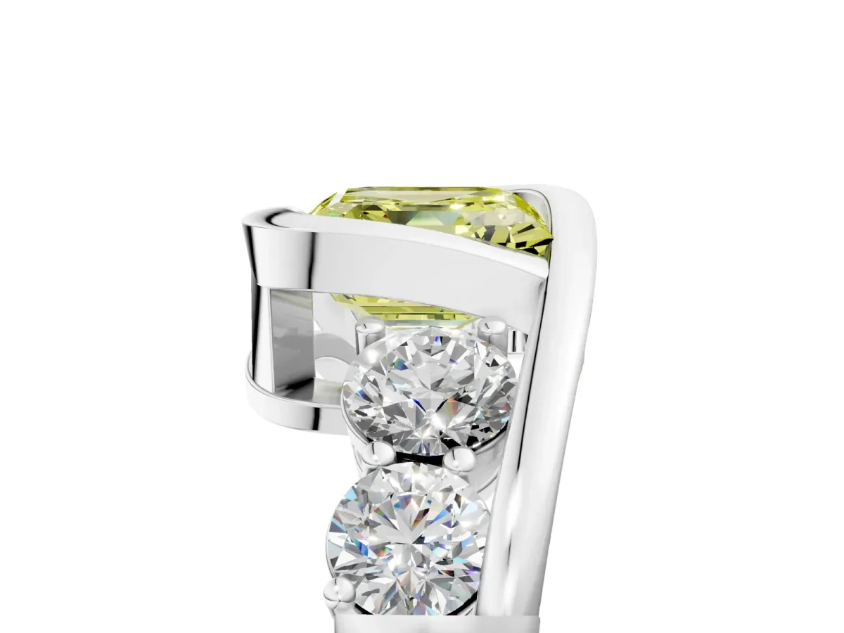 Fancy Yellow Bezel Set Asscher Cut Diamond Bypass Ring with Round Accents Silver