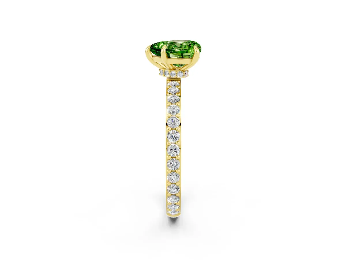 Heart Cut Peridot Solitaire Engagement Ring with Pavé Band and Four-Prong Setting Yellow gold