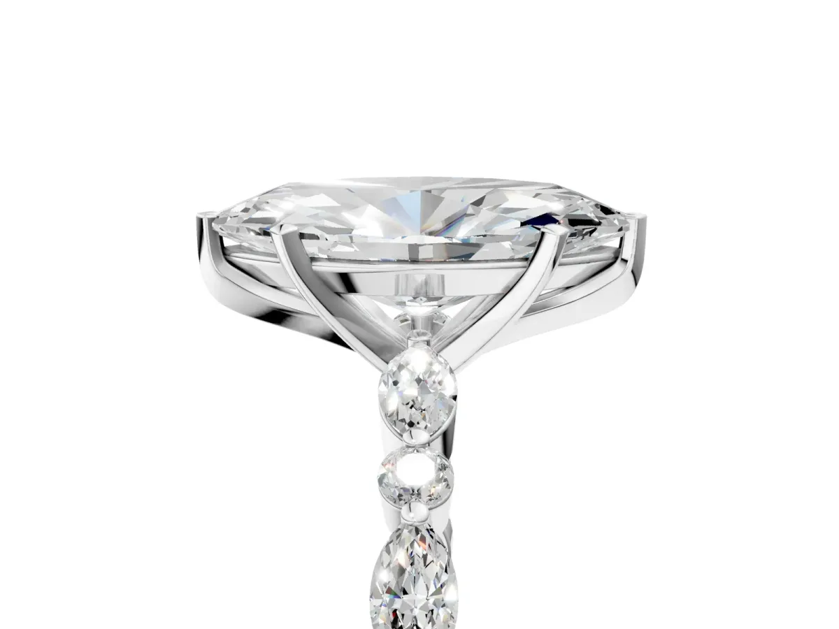 Marquise Cut Diamond Ring with Marquise and Round Moissanite Side Stones and Four-Prong Setting Platinum