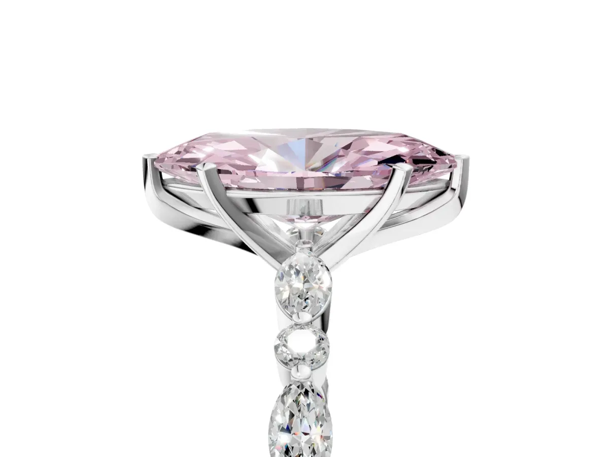 Fancy Pink Marquise Cut Diamond Ring with Marquise and Round Side Stones and Four-Prong Setting White gold