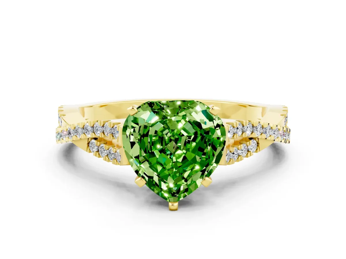 Heart Cut Peridot Solitaire Engagement Ring with Twisted Pavé Band and Four-Prong Setting Yellow gold