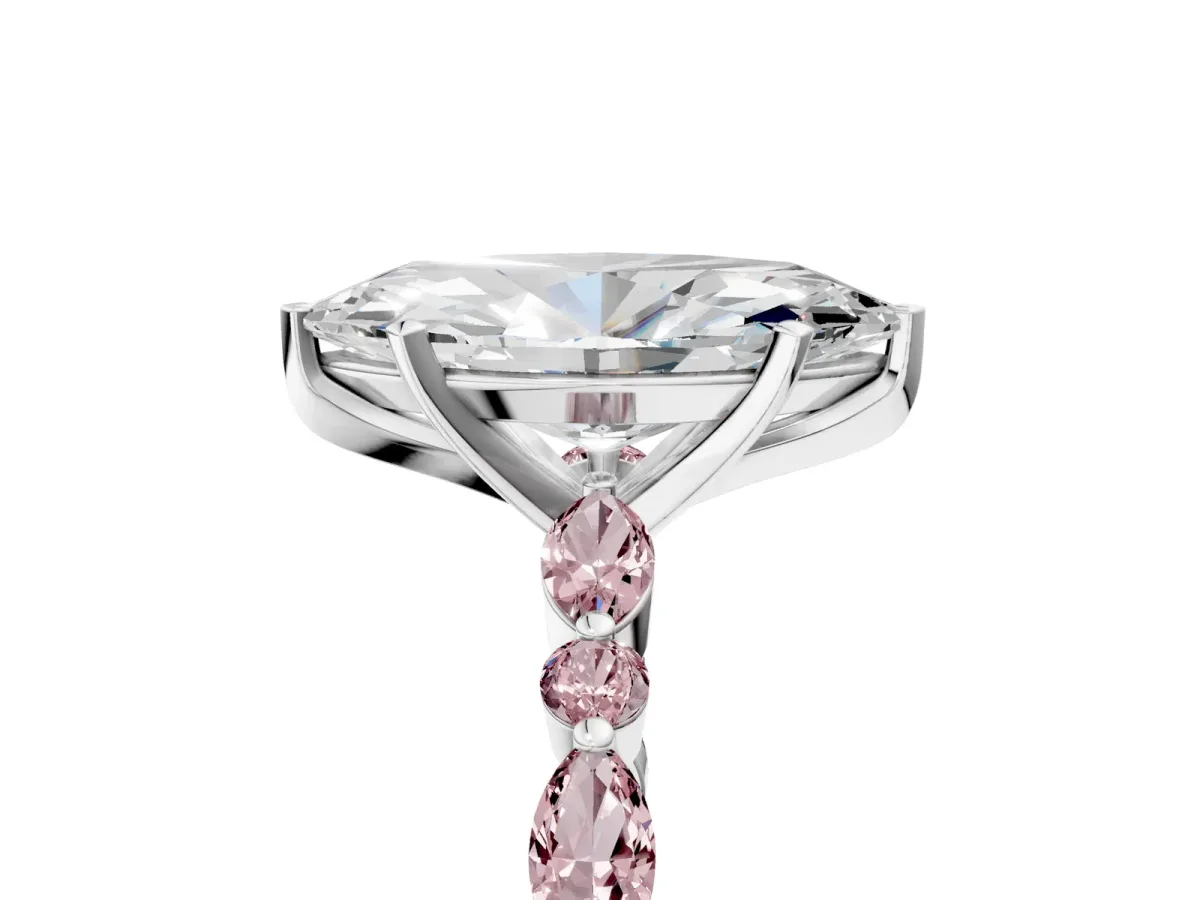 Marquise Cut Diamond Ring with Marquise and Round Morganite Side Stones and Four-Prong Setting White gold