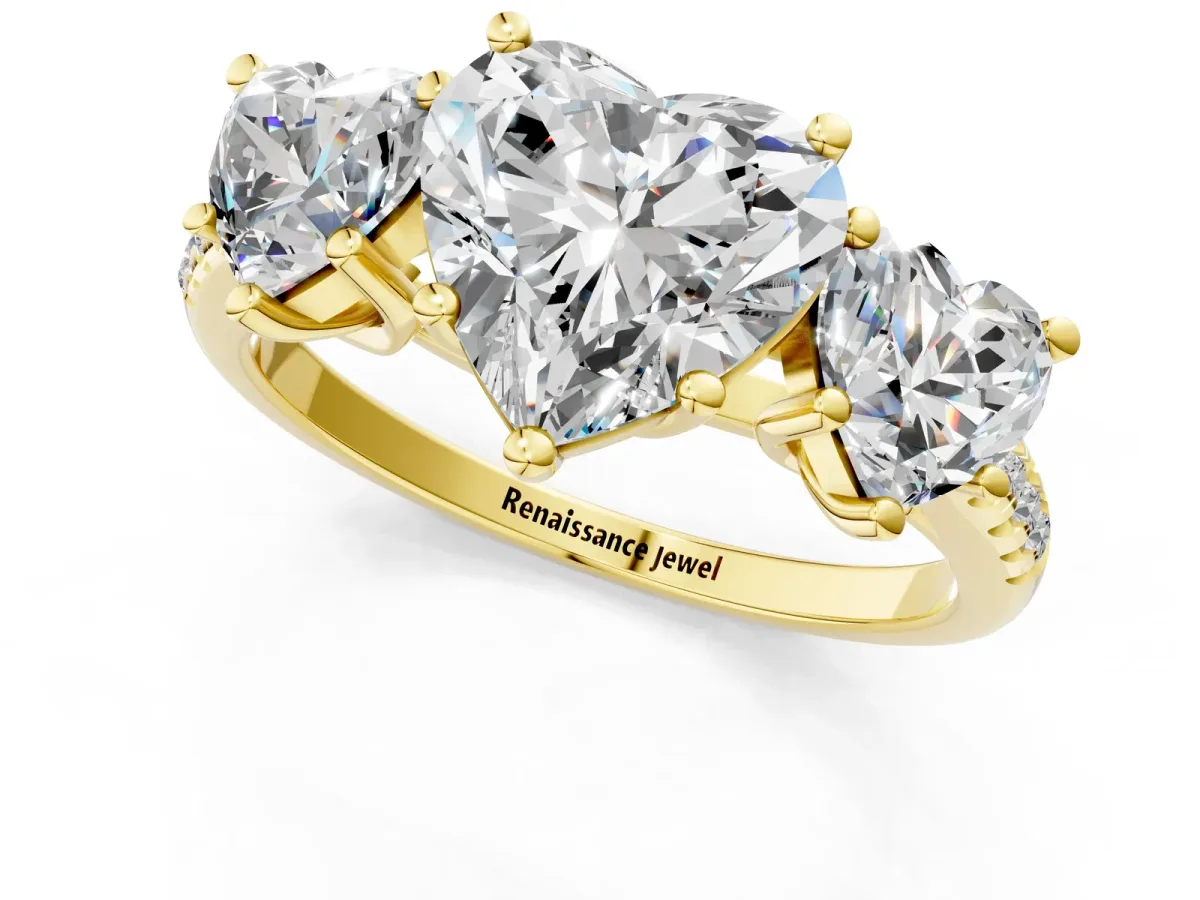 Fancy Green Three-Stone Heart Cut Diamond Ring with Round Pavé Band and Prong Setting Yellow gold