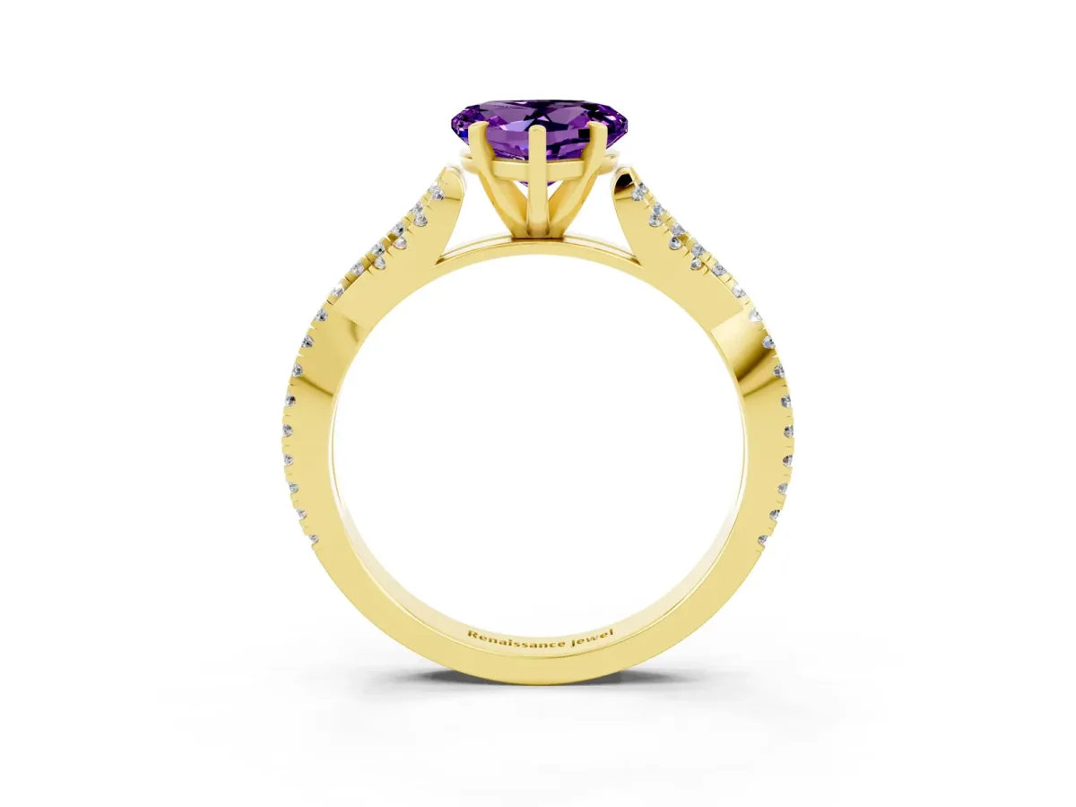 Heart Cut Amethyst Solitaire Engagement Ring with Twisted Pavé Band and Four-Prong Setting Yellow gold