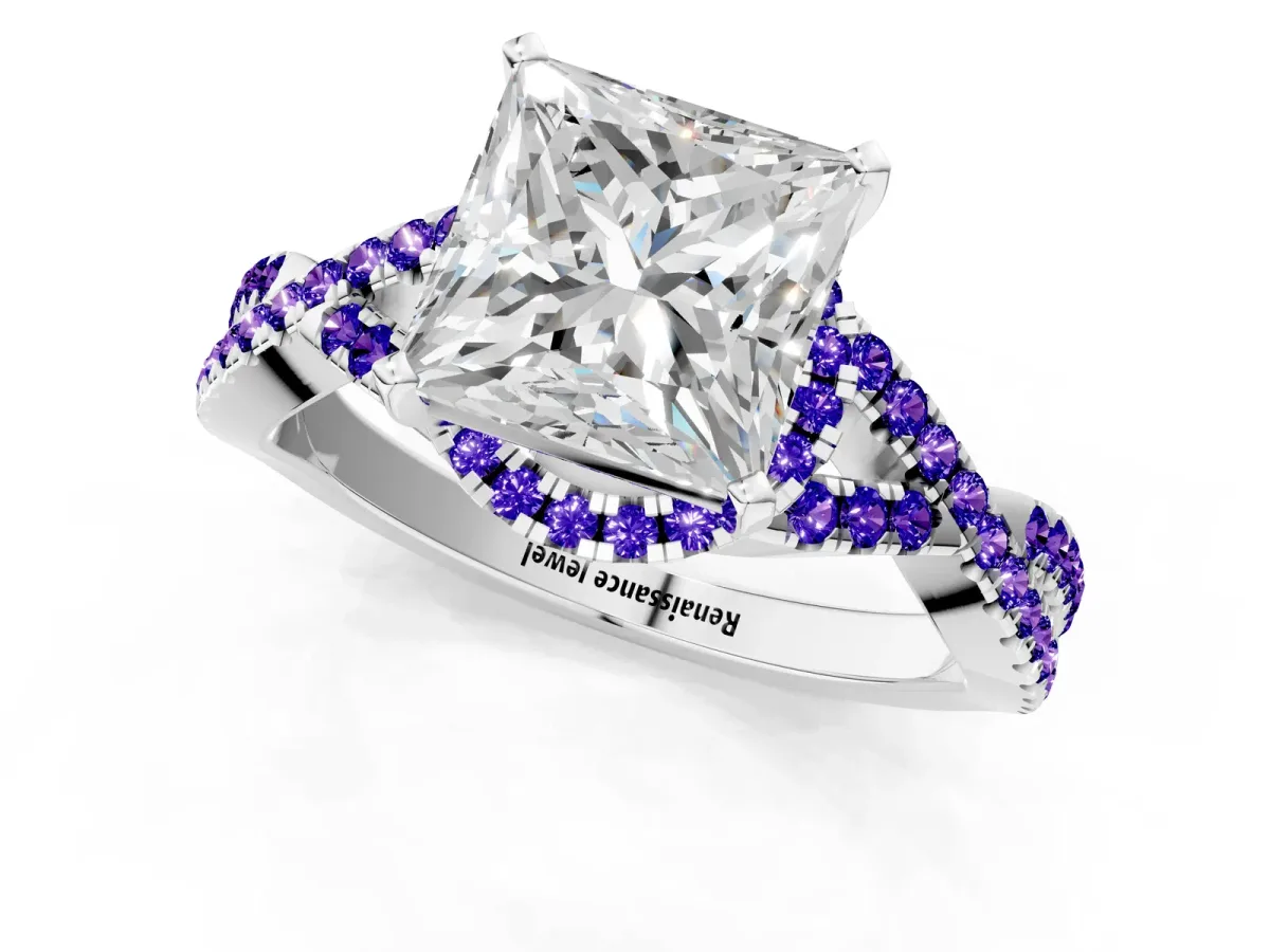 Princess Cut Diamond Tanzanite Halo Twist Band Solitaire Prong Setting Ring White gold