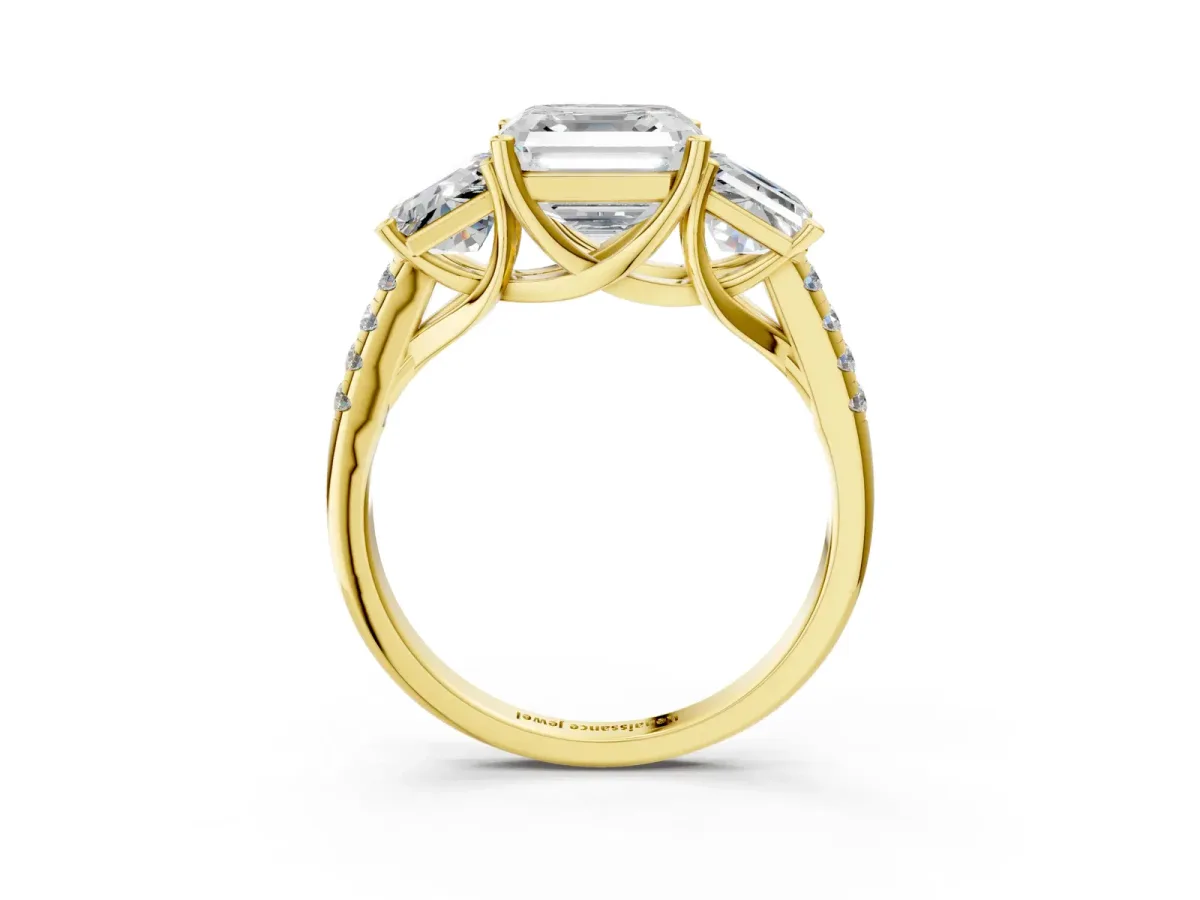Three-Stone Asscher Cut Diamond Ring with Round Pavé Band and Prong Setting Yellow gold