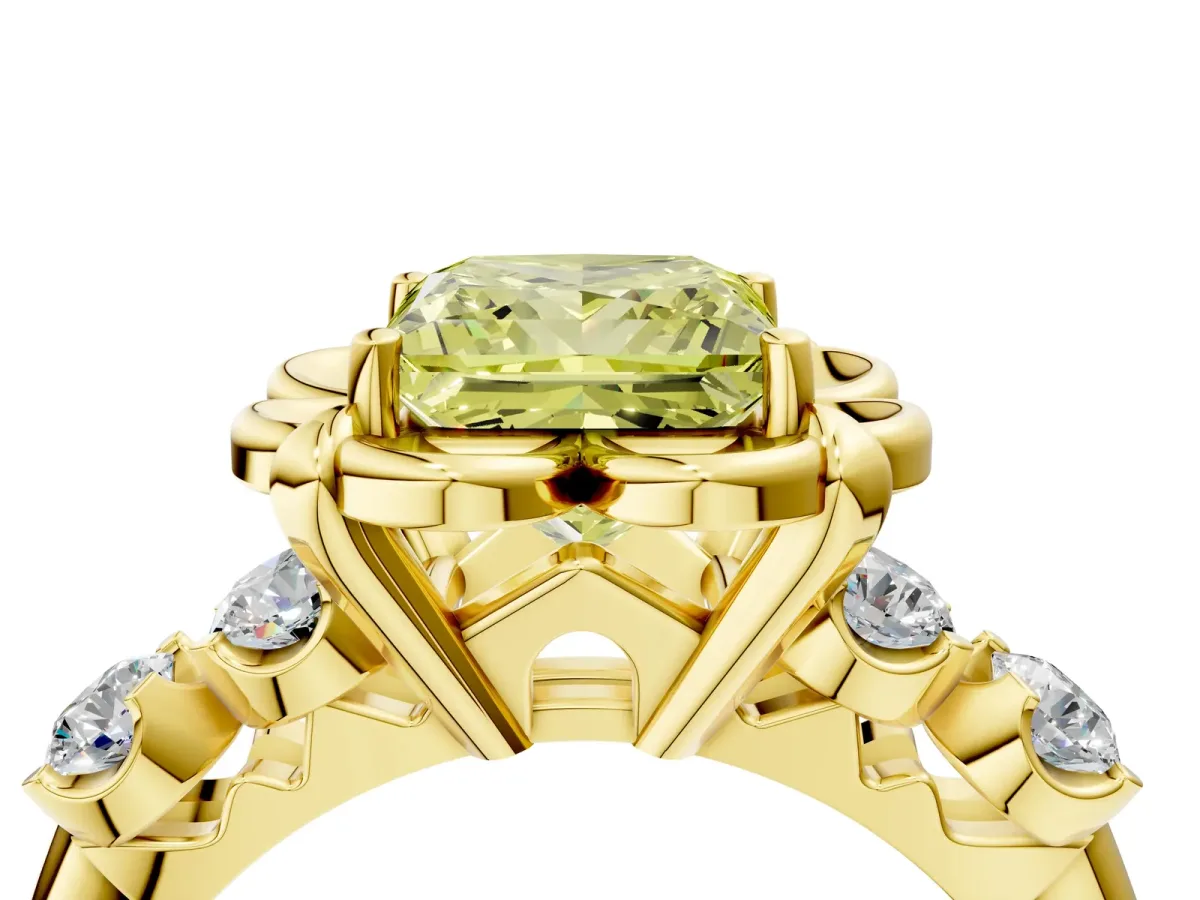 Fancy Yellow Princess Cut Cut Diamond Floral Halo Engagement Ring with Shared Prong Setting Yellow gold