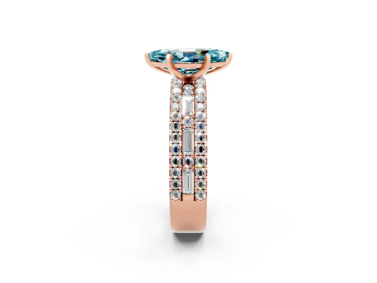 Marquise Cut Blue Topaz Solitaire Ring with Pavé and Channel Set Band Rose gold