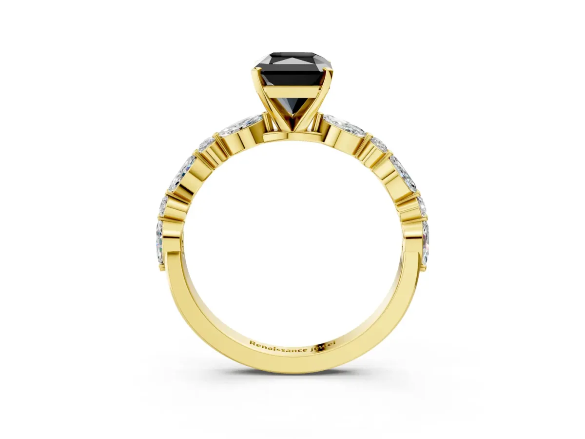 Fancy Black Radiant Cut Diamond Ring with Marquise and Round Side Stones and Four-Prong Setting Yellow gold