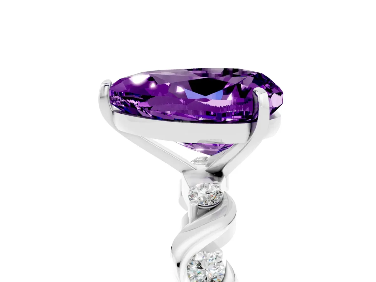 Heart Cut Amethyst Solitaire Twisted Band with Round Accents and Prong Setting White gold