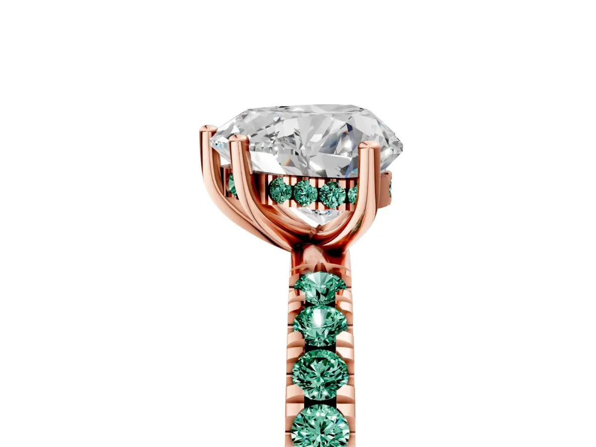Heart Cut Diamond Pave Band Solitaire Ring with Round Green Sapphire and Prong Setting Rose gold