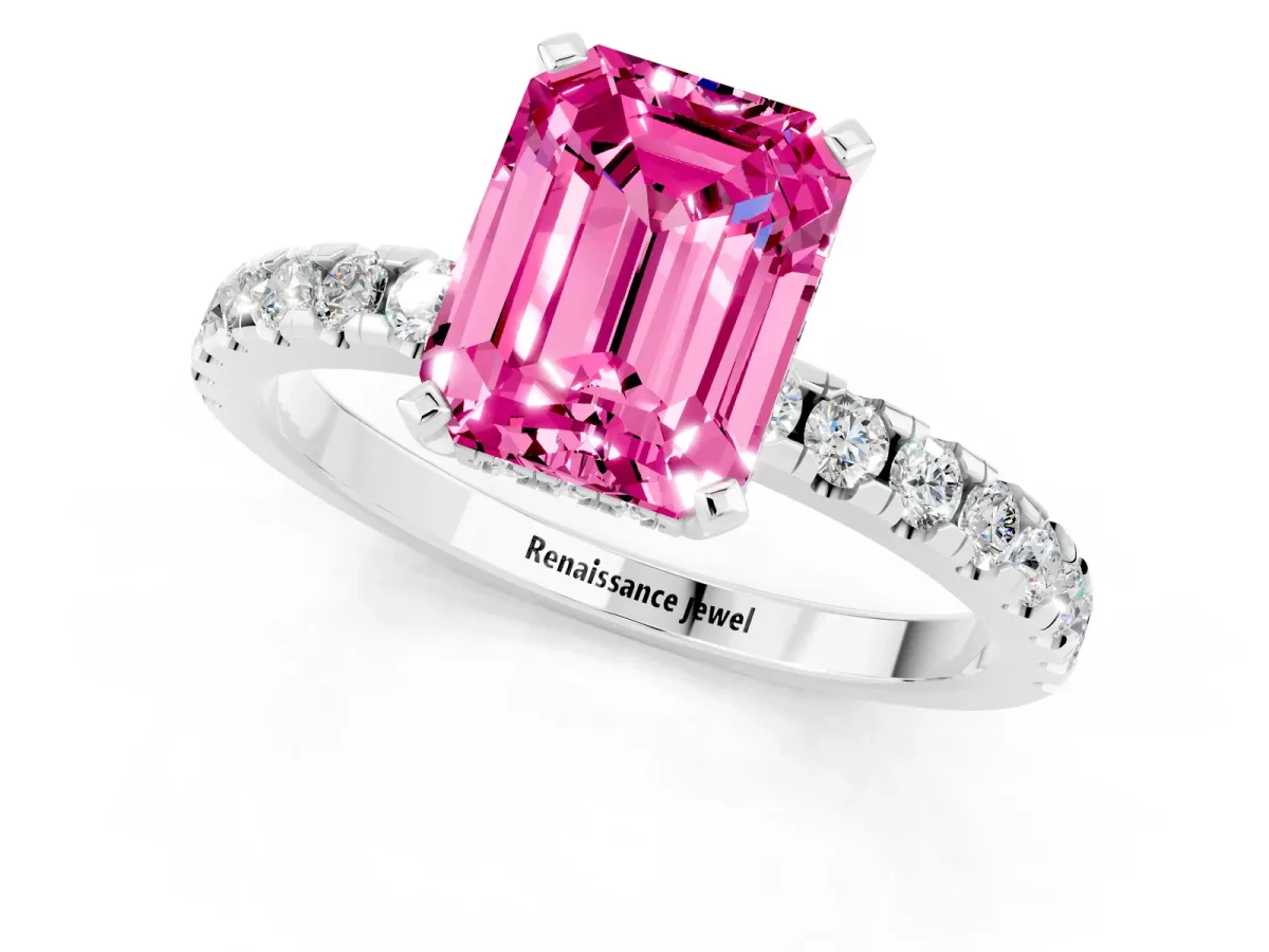 Emerald Cut Pink Sapphire Solitaire Ring with Round Pavé Band and Four-Prong Setting White gold