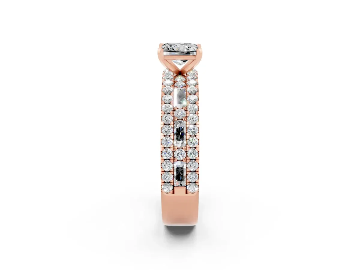 Princess Cut Moissanite Solitaire Ring with Pavé and Channel Set Band Rose gold