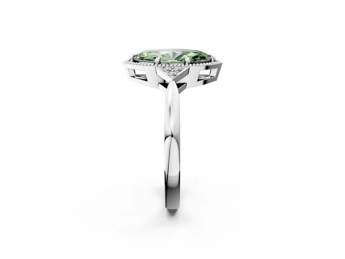 Fancy Green Milgrain Marquise Cut Cut Diamond Ring with Tapered Pave Band and Four Prong Setting Platinum