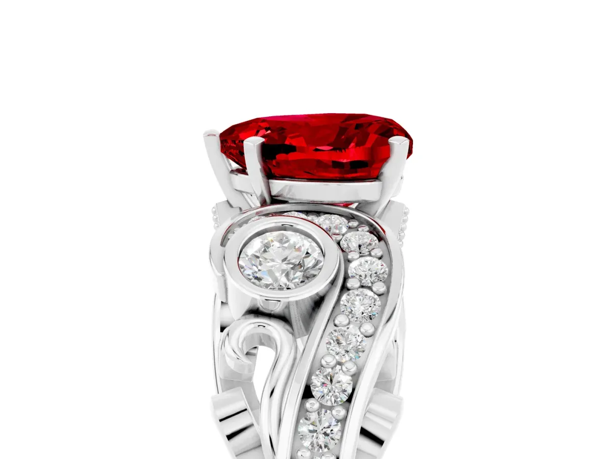 Heart Cut Ruby Solitaire Ring with Milgrain Pavé Band and Four-Prong Setting Platinum