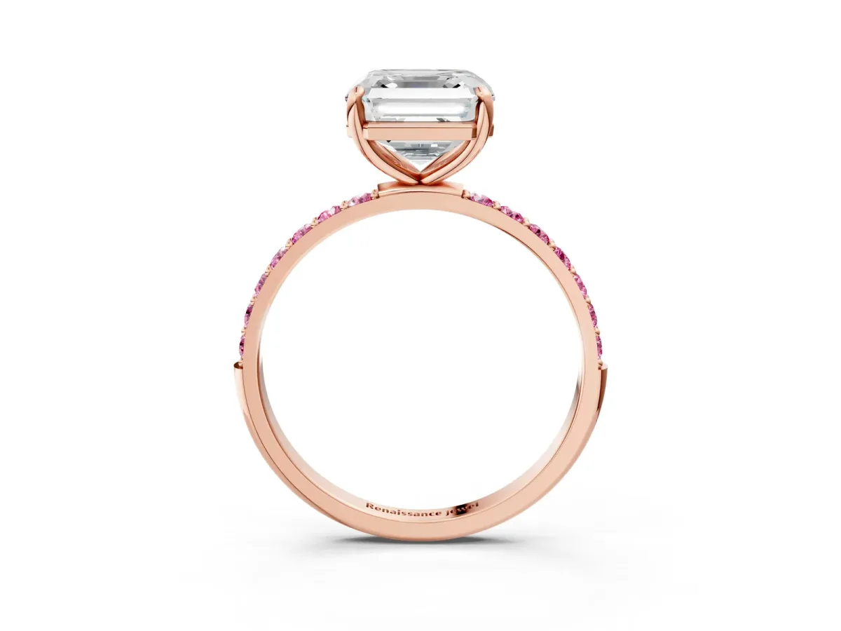 Asscher Cut Diamond Solitaire Ring with Round Pink Sapphire Pavé Band and Prong Setting Rose gold