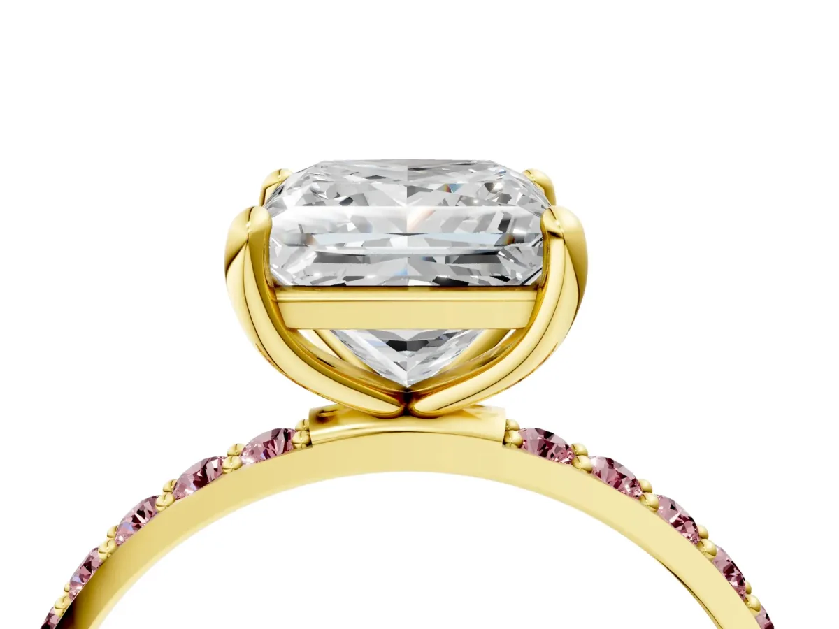 Princess Cut Diamond Solitaire Ring with Round Morganite Pavé Band and Prong Setting Yellow gold