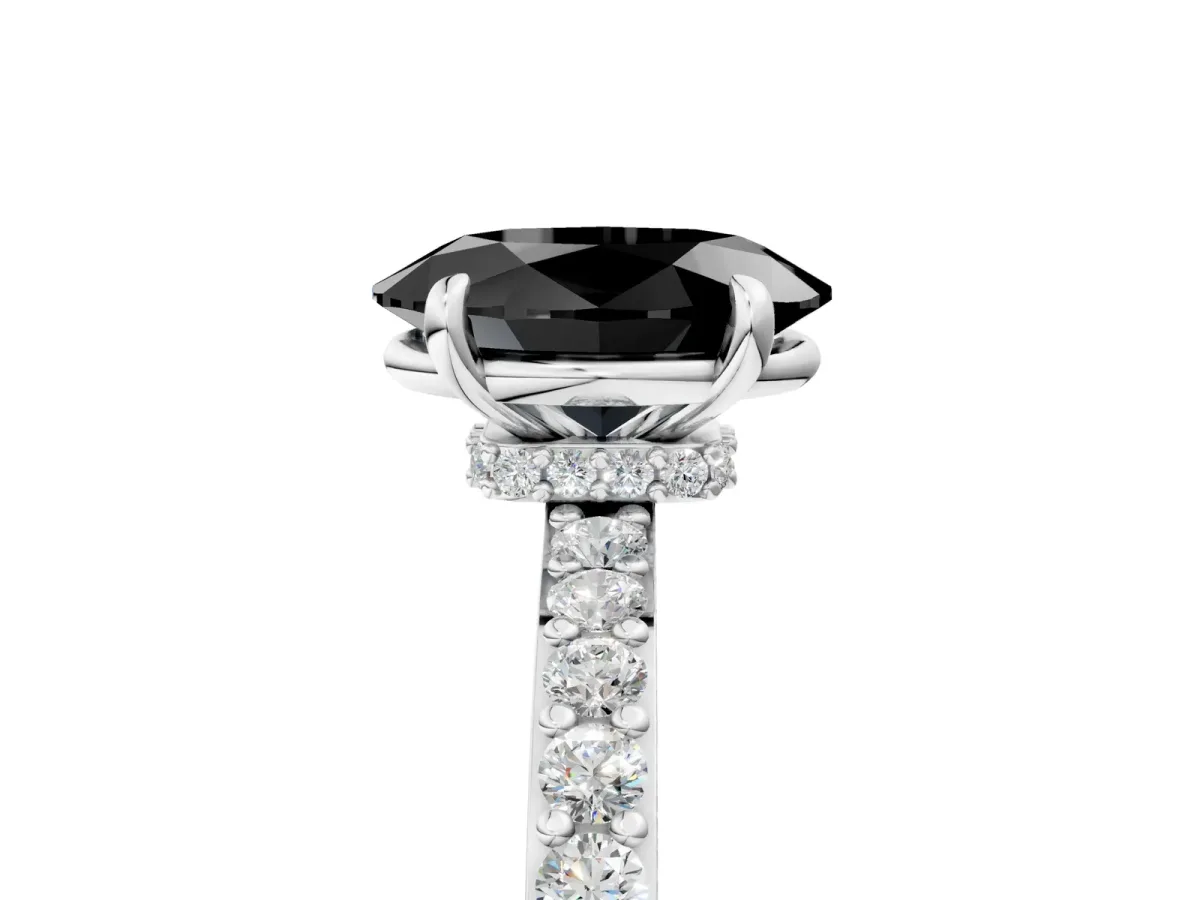 Fancy Black Oval Cut Diamond Solitaire Engagement Ring with Pavé Band and Four-Prong Setting Silver