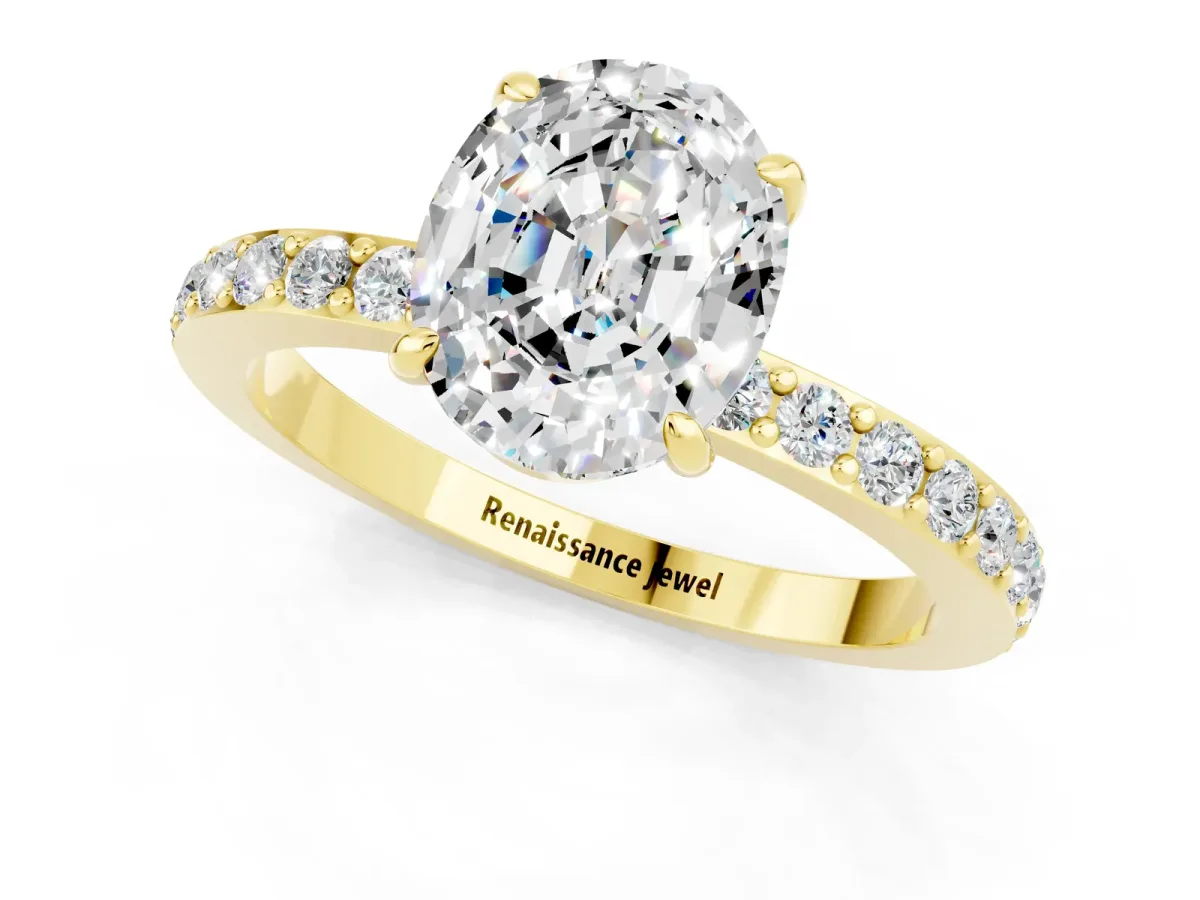 Oval Cut Moissanite Solitaire Engagement Ring with Pavé Band and Four-Prong Setting Yellow gold