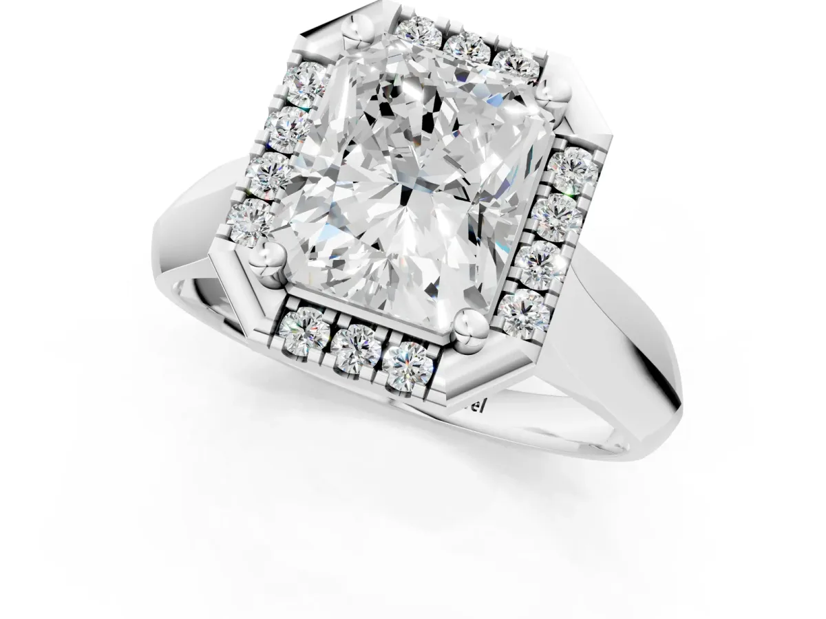 Radiant Cut Cut Halo Solitaire Engagement Ring with Square Band and Four-Prong Setting White gold