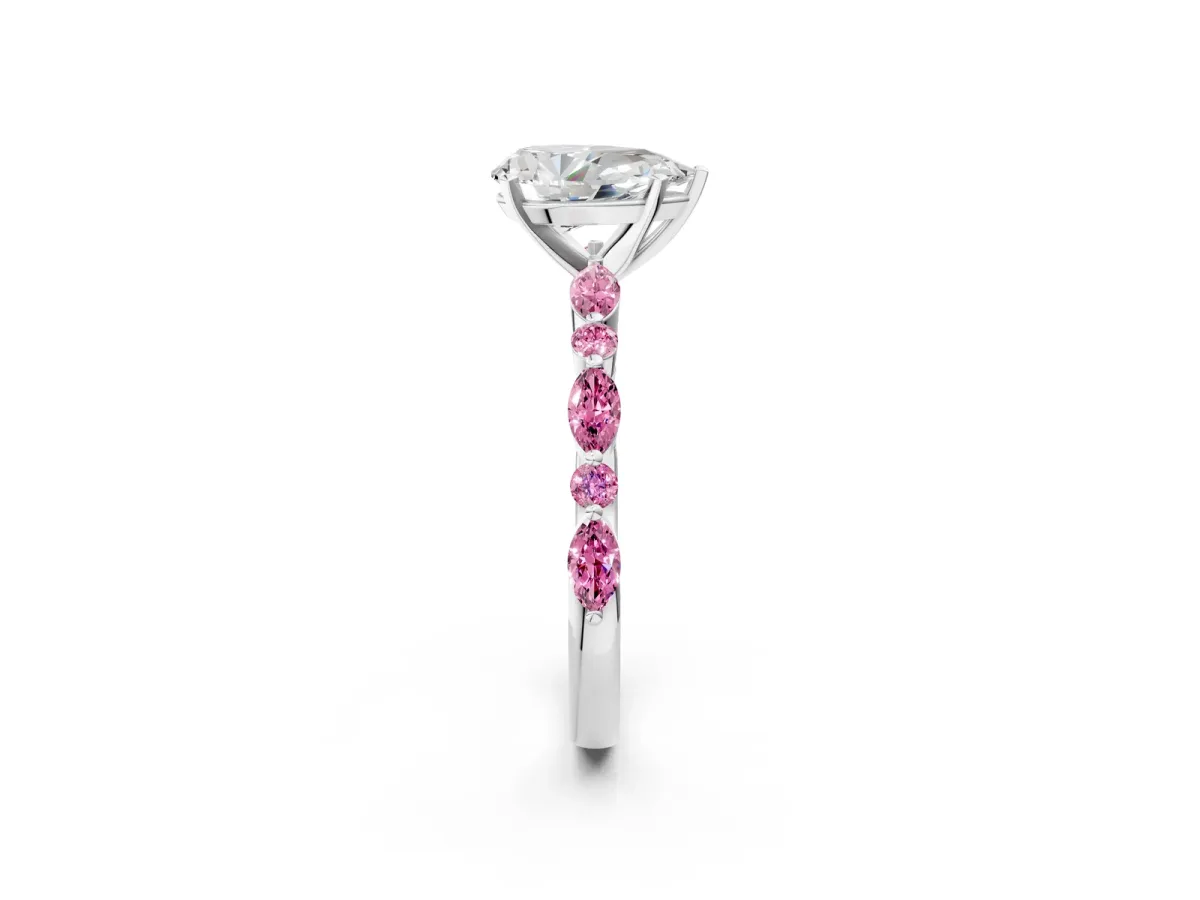 Pear Cut Diamond Ring with Marquise and Round Pink Sapphire Side Stones and Four-Prong Setting White gold