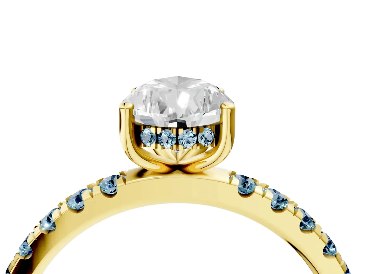 Pear Cut Diamond Pave Band Solitaire Ring with Round Aquamarine and Prong Setting Yellow gold